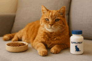 Senior cat resting comfortably on a couch next to a food bowl and supplement bottle, representing the best supplements for senior cats.