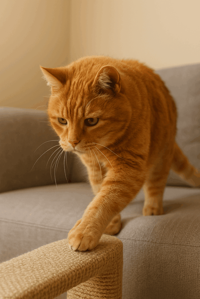 Senior cat carefully stepping onto a couch, symbolizing improved mobility from joint supplements.