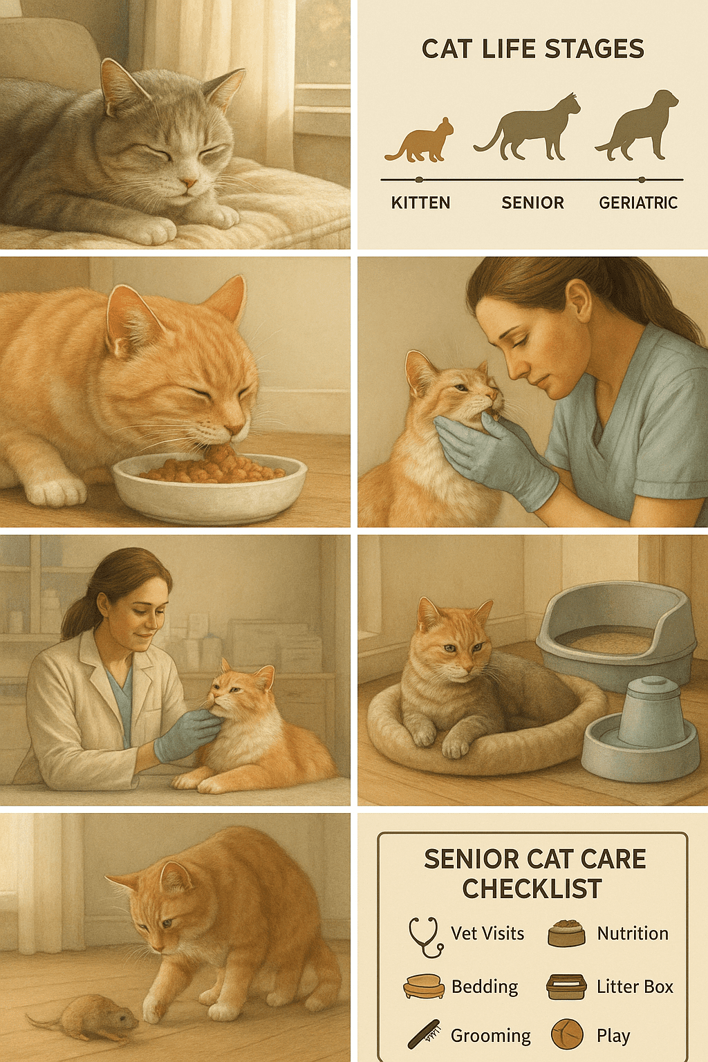Infographic showing cat life stages from kitten to adult, senior and geriatric with age ranges for each stage