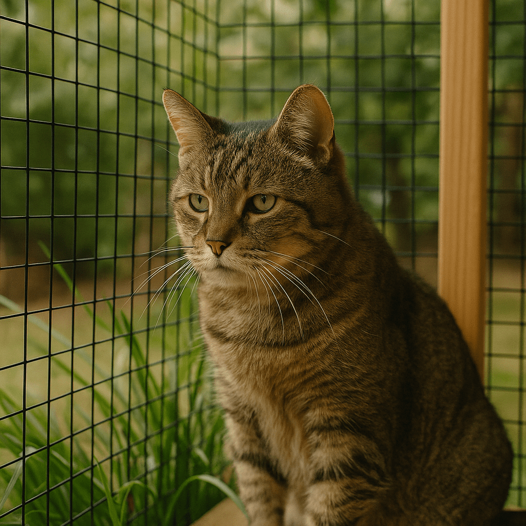 Senior cat enjoying fresh air in a safe outdoor catio enclosure, showing a balance between indoor safety and outdoor enrichment.