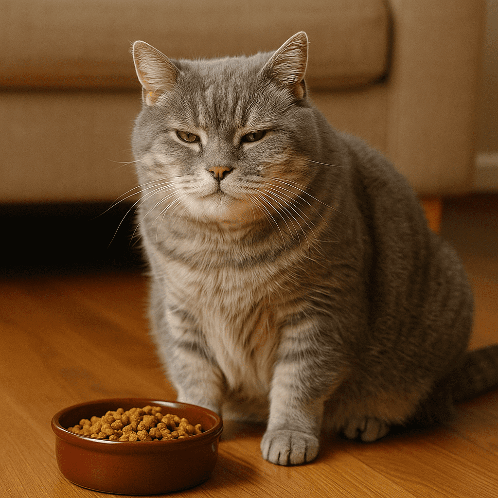 Senior cat sitting happily near a food dish, looking satisfied after eating.