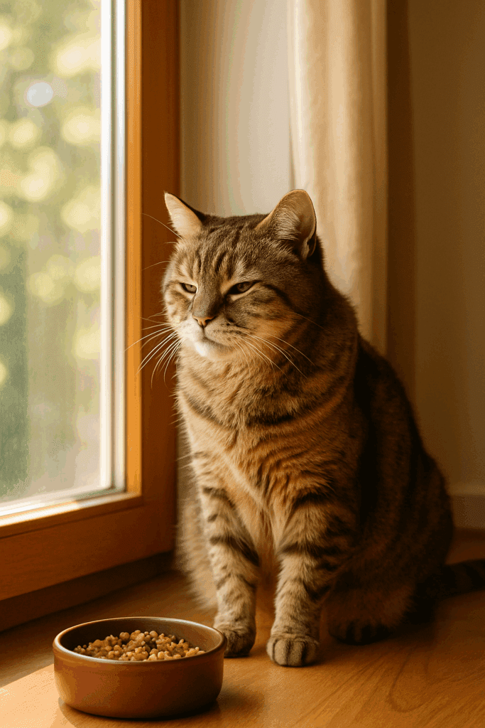 Senior cat sitting calmly by a sunny window, symbolizing strong immunity and wellness.