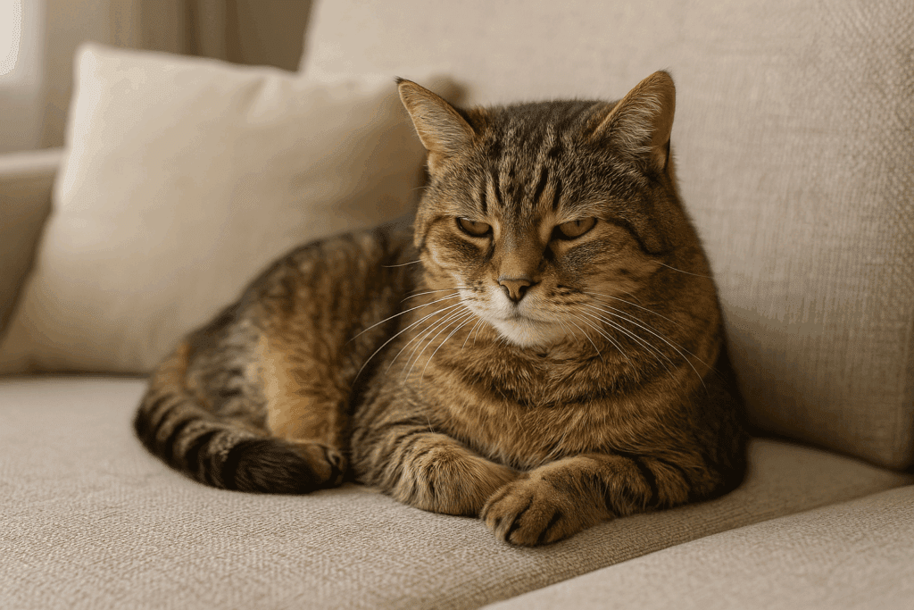 Senior indoor cat resting comfortably on a couch, showing the longer lifespan of indoor cats compared to outdoor cats.
