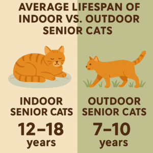 Infographic comparing average lifespan of indoor senior cats (12–18 years) and outdoor senior cats (7–10 years).