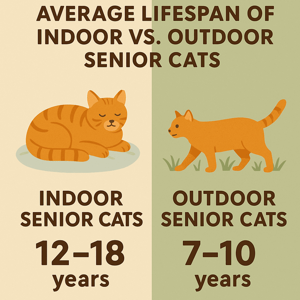 Infographic comparing average lifespan of indoor senior cats (12–18 years) and outdoor senior cats (7–10 years).