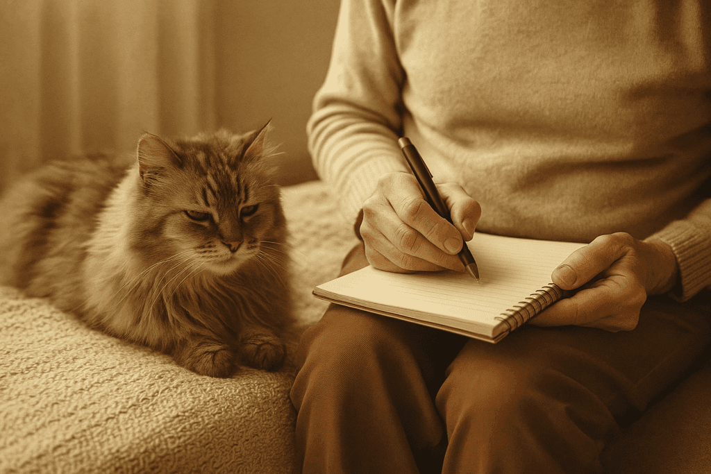 Pet owner writing health notes while a senior cat rests nearby.
