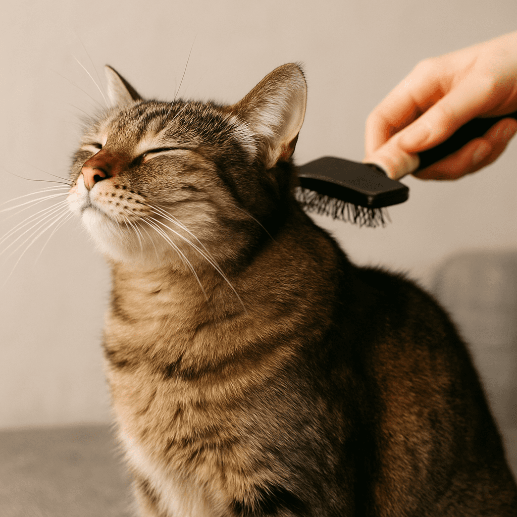 Senior cat being brushed, showing a shiny healthy coat supported by omega-3 fatty acids.