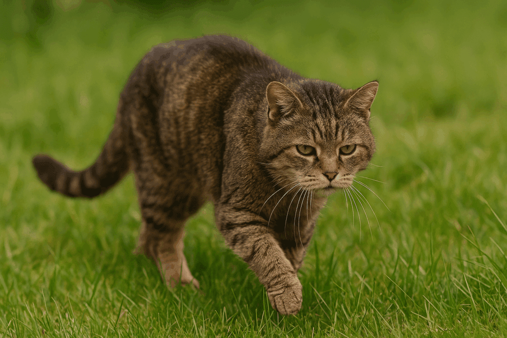 Senior outdoor cat walking through grass, symbolizing the risks and shorter lifespan of outdoor cats.