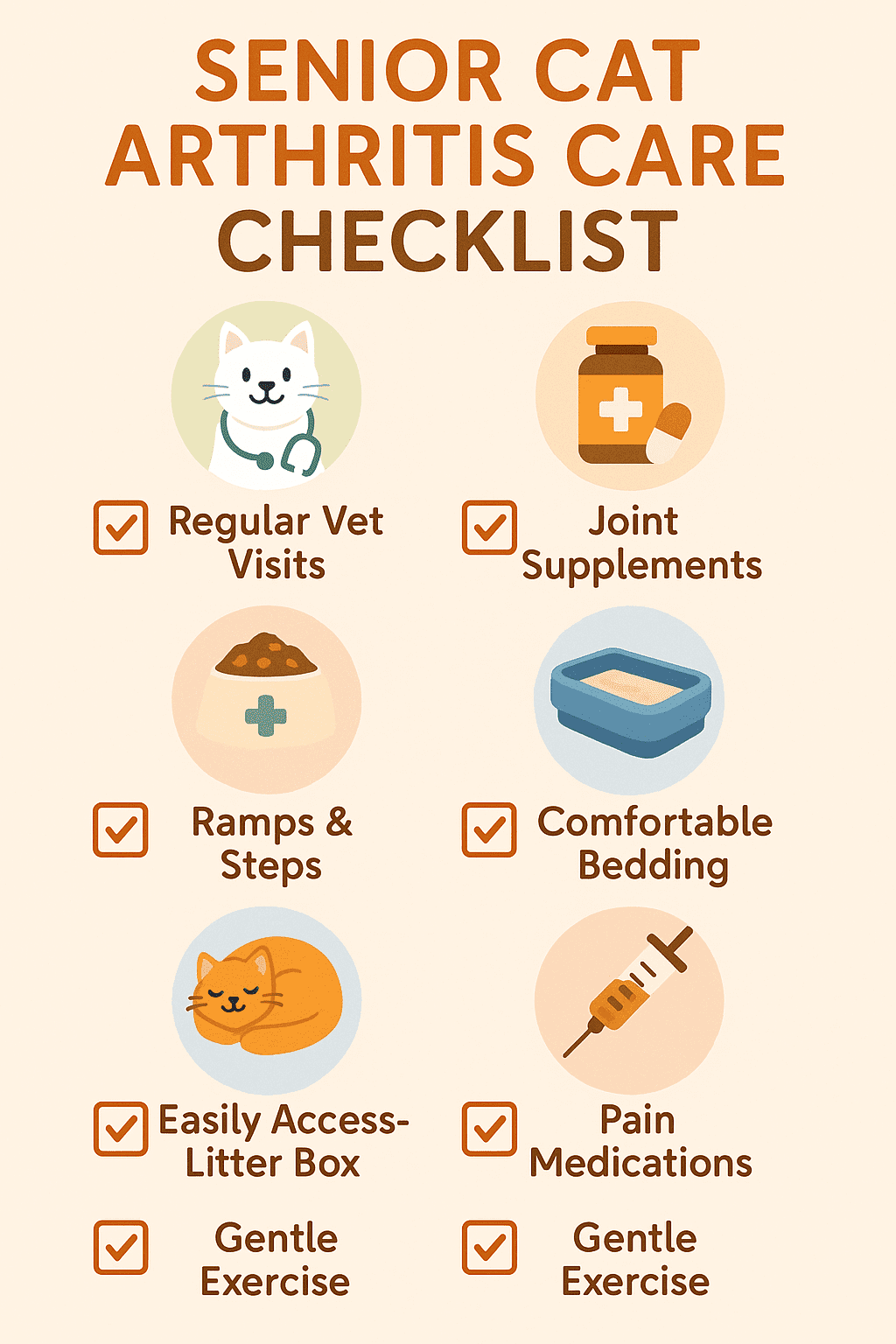 Infographic checklist showing care tips for senior cats with arthritis.