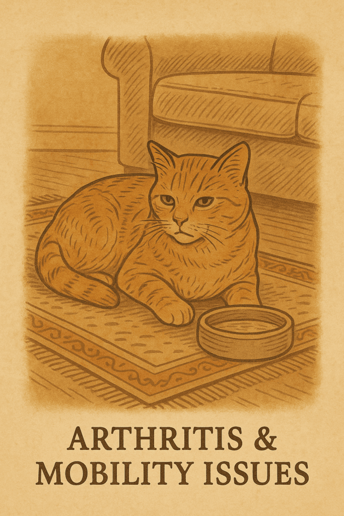 Signs of arthritis in senior cats including difficulty jumping and reduced grooming