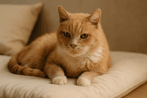 Senior cat resting on a bed, showing early signs of arthritis stiffness.