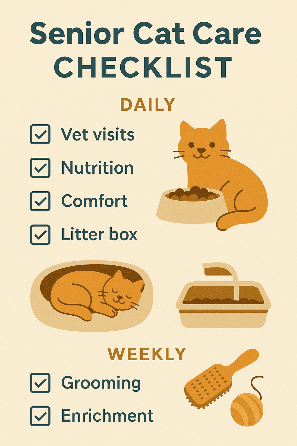 Senior cat care checklist with daily and weekly essentials for aging cats.