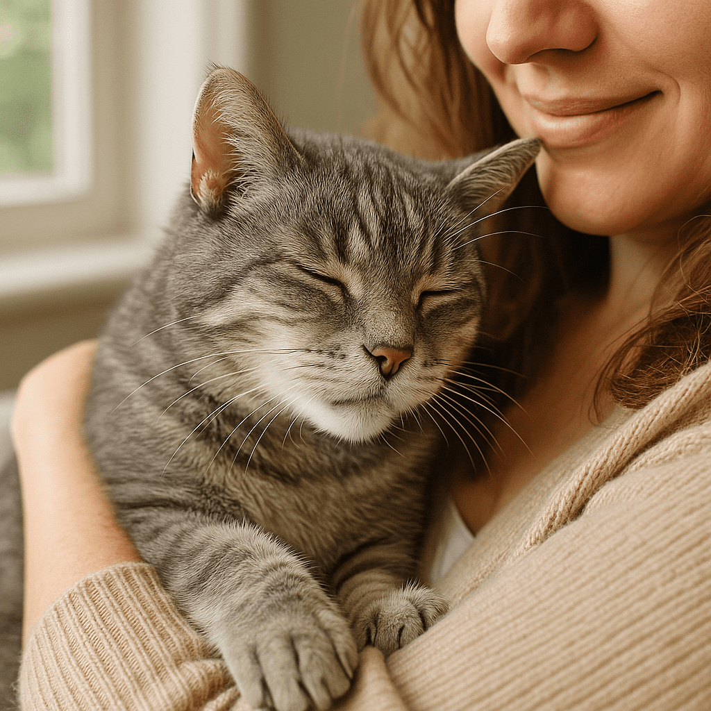 Senior tabby cat being cuddled by owner, symbolizing trust, love, and care.