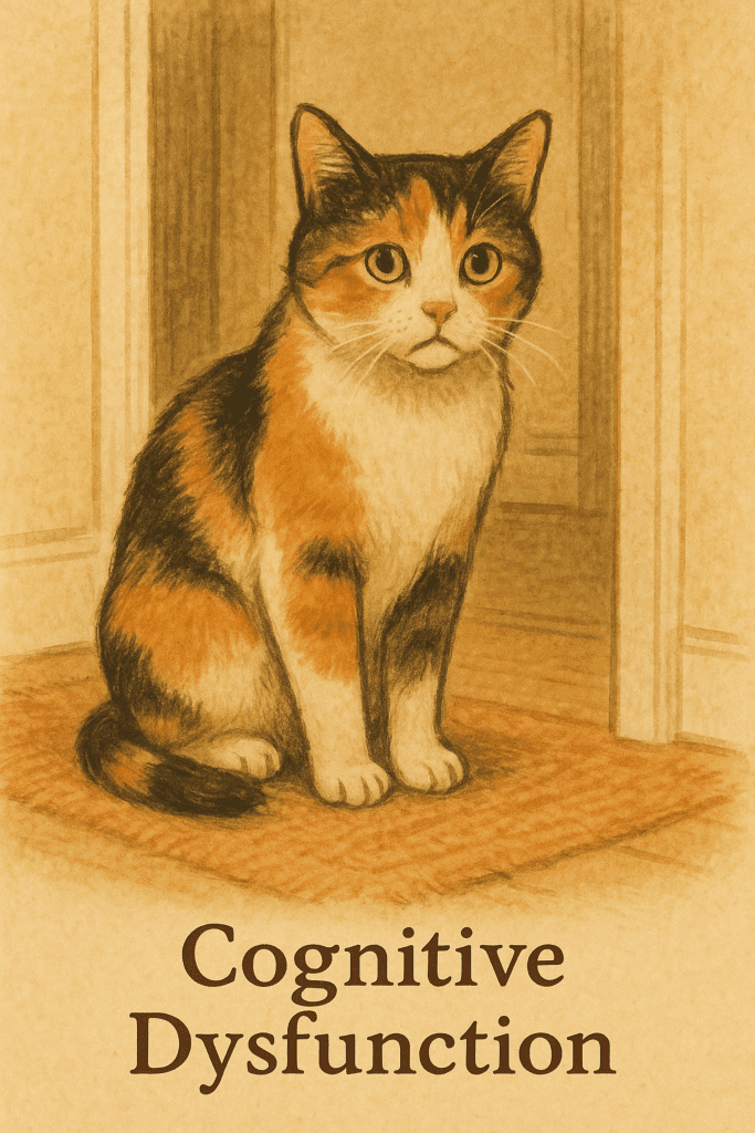 Senior cat appearing disoriented at home, a possible sign of cognitive dysfunction