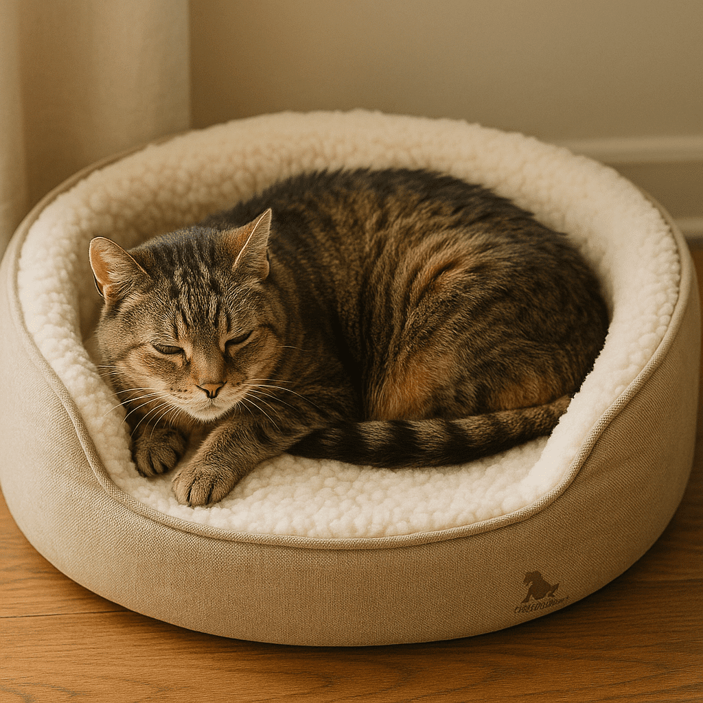 Senior cat curled up in an orthopedic bed for pain relief.