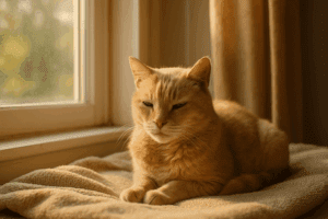 Senior cat resting on a cozy blanket by the window in soft sunlight, symbolizing comfort and care.