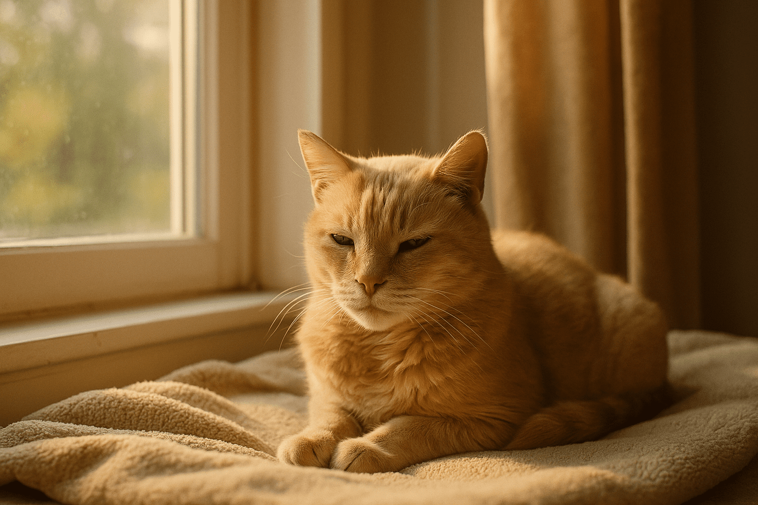 Senior cat resting on a cozy blanket by the window in soft sunlight, symbolizing comfort and care.