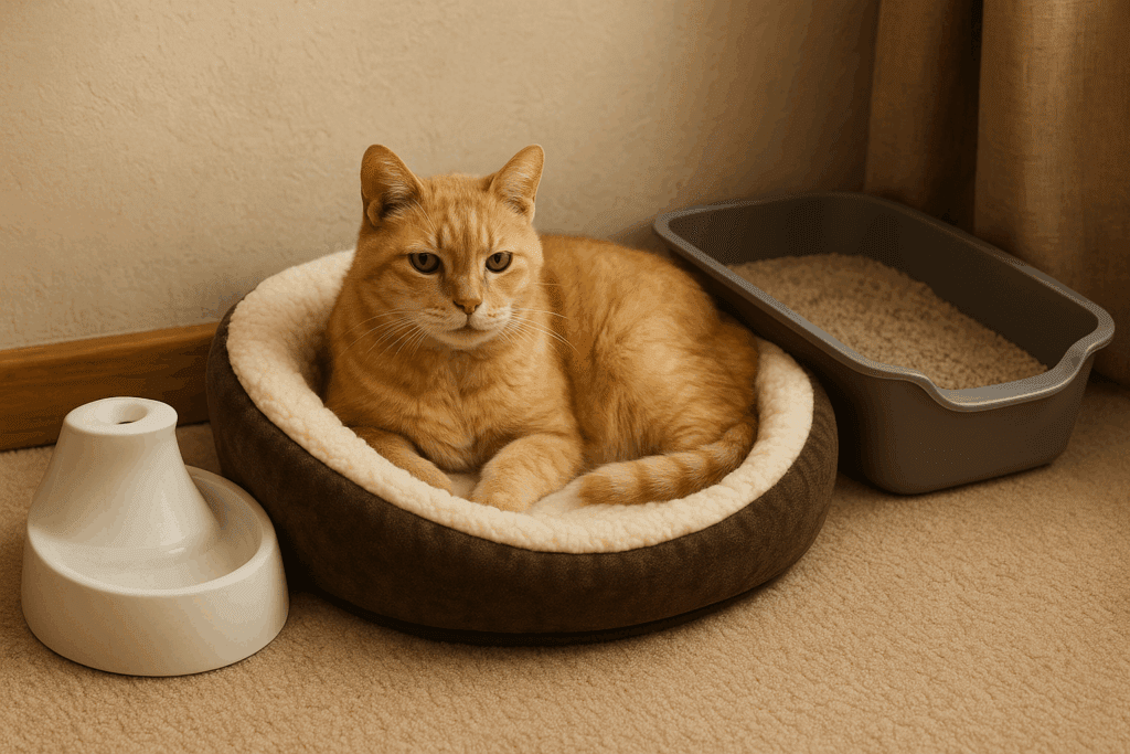 Senior cat lying in a heated bed with easy-access litter box and water fountain nearby.