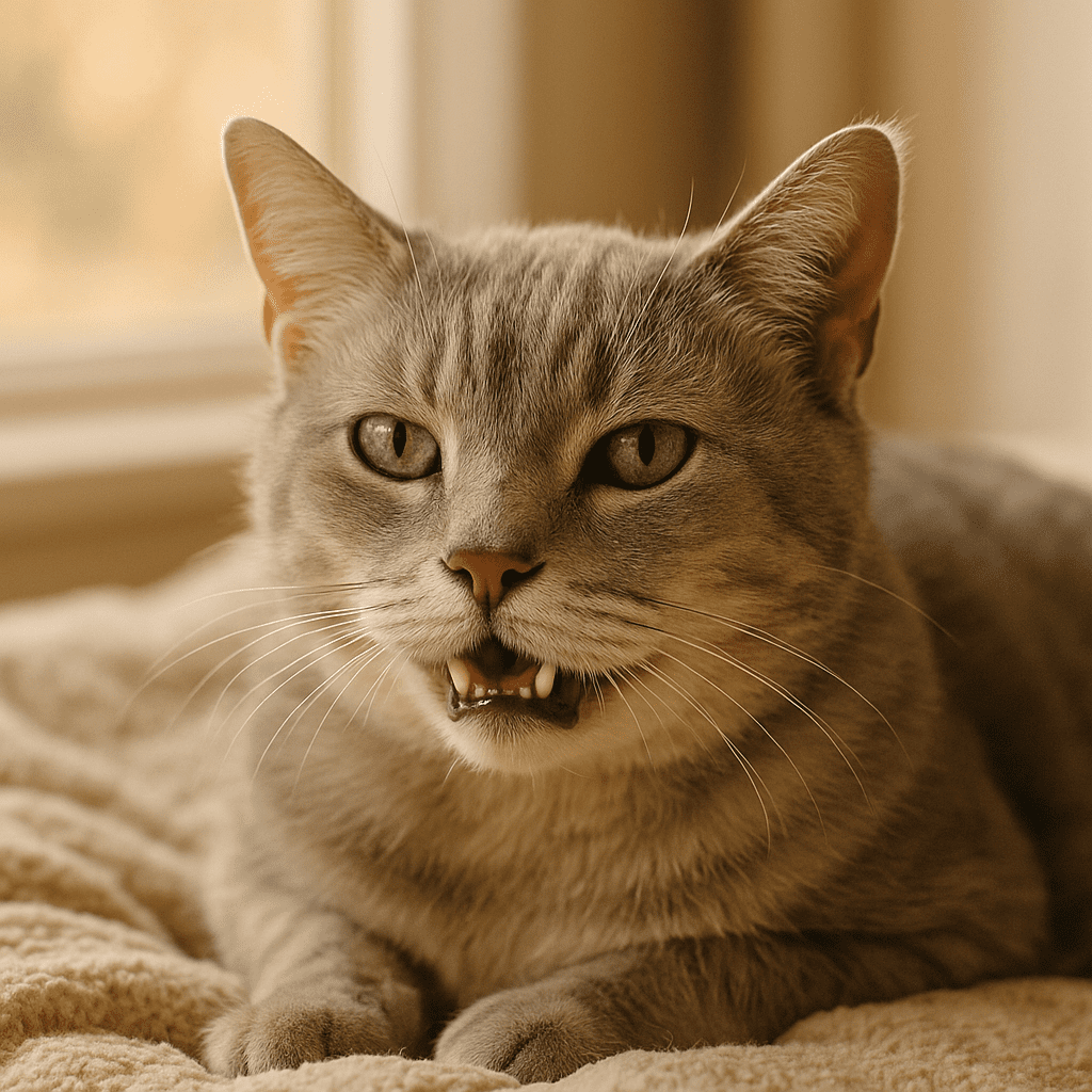 Light gray senior cat with green eyes resting calmly on a blanket, mouth slightly open showing healthy teeth.