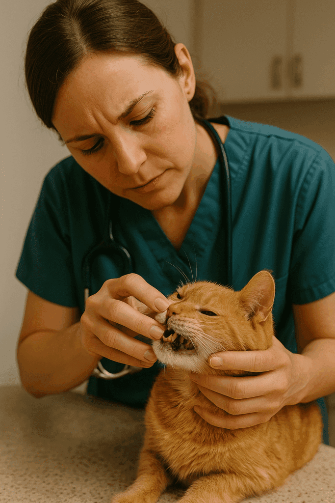 Veterinarian checking senior cat’s teeth during a dental exam.