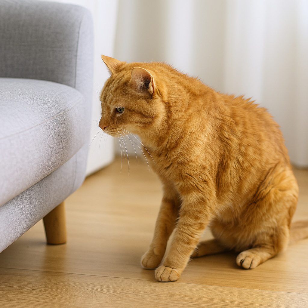 Senior cat arthritis symptoms include hesitating to jump on a couch, showing mobility problems from arthritis.
