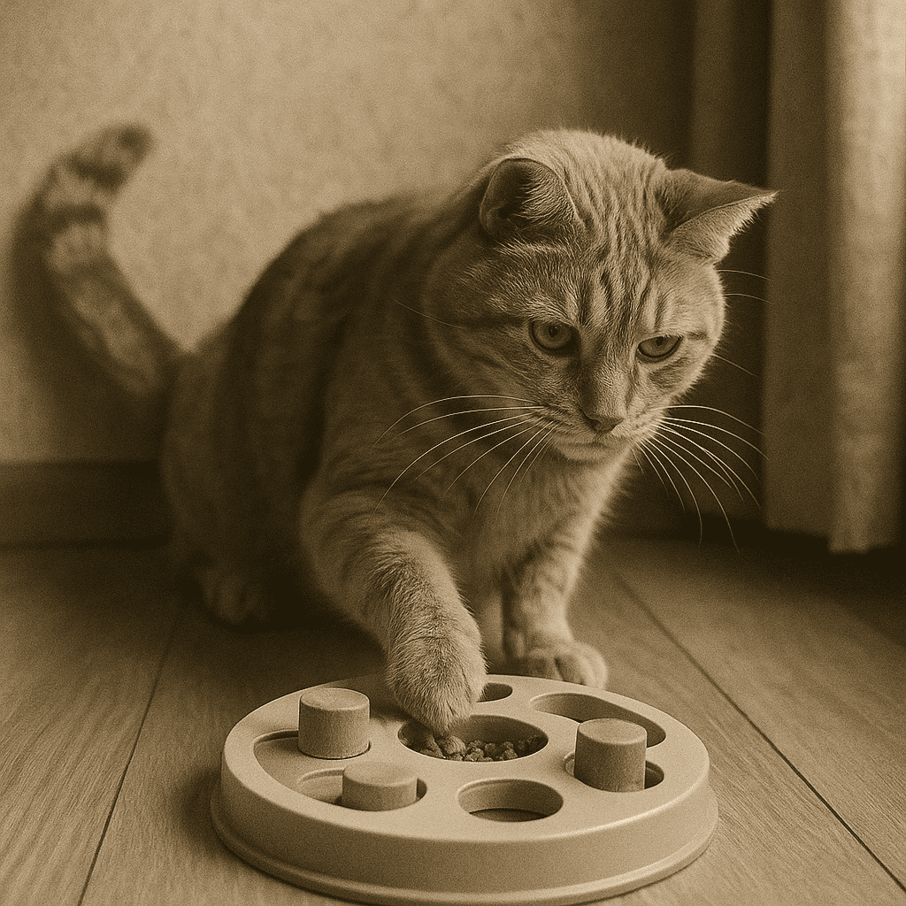Senior cat playing with a puzzle feeder to stay mentally sharp.