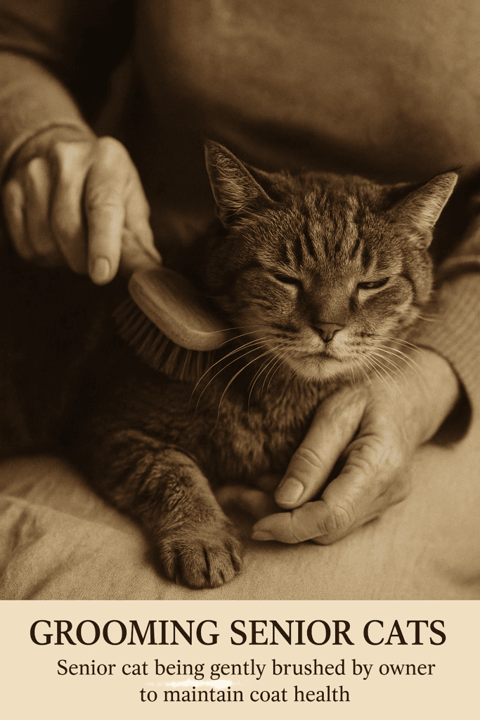 Senior cat being gently brushed by owner to maintain proper senior cats health.