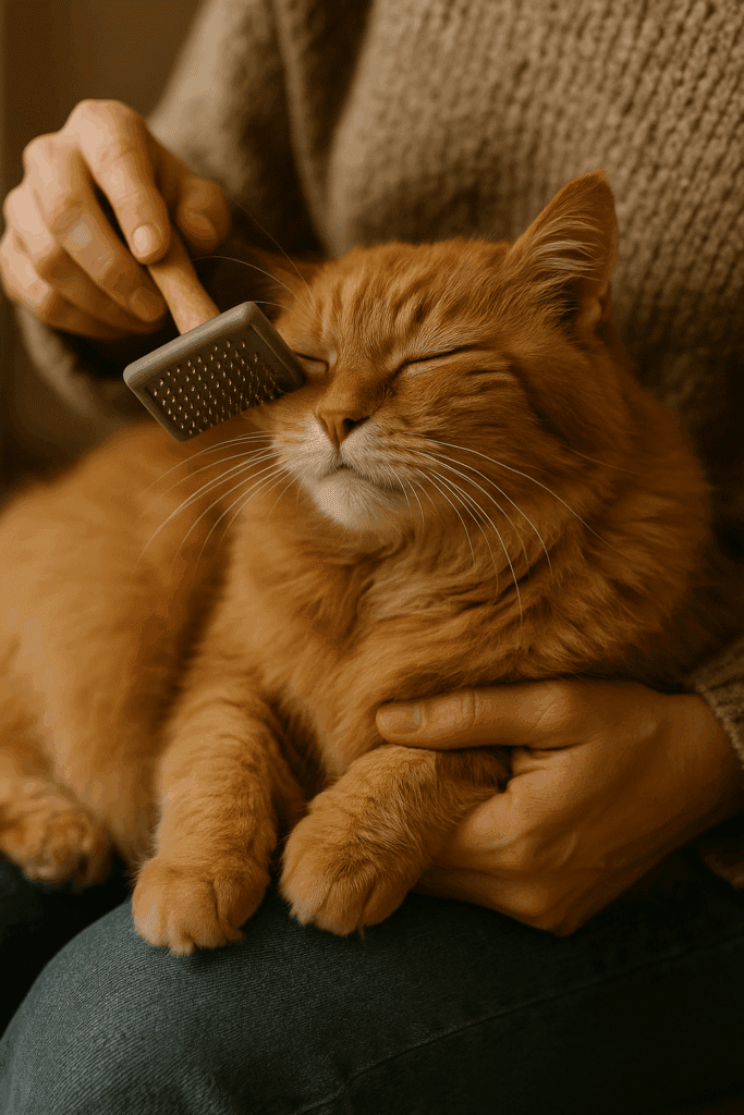 Owner brushing senior cat to strengthen bonding and maintain coat health.
