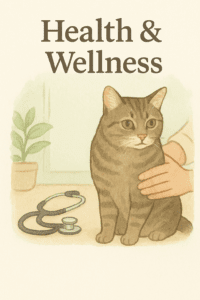 Senior cat receiving a gentle wellness check with stethoscope nearby.