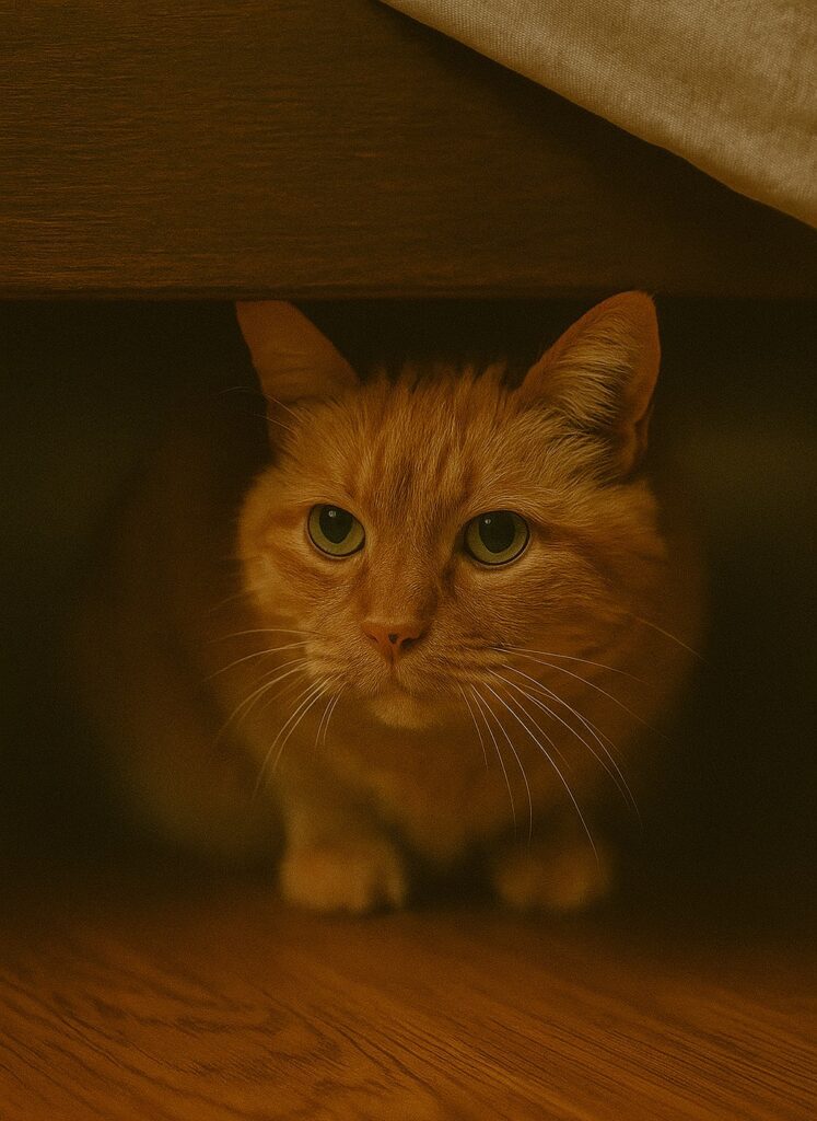 Senior cat peeking out from under a bed, showing withdrawn behavior.