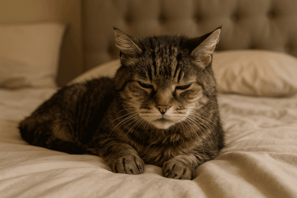 Senior cat using a ramp and heated bed for arthritis support at home.