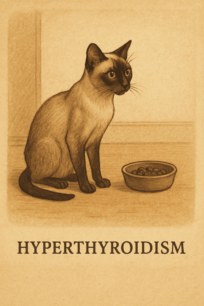 Underweight senior cat with increased appetite, a common sign of hyperthyroidism