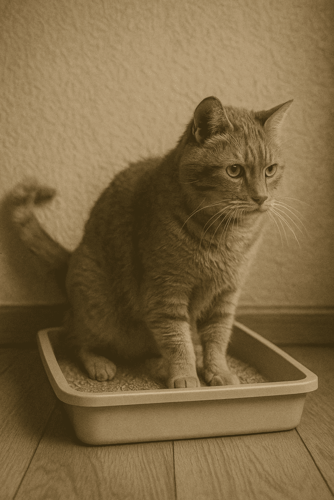 Senior cat using a low-sided litter box designed for easy access.