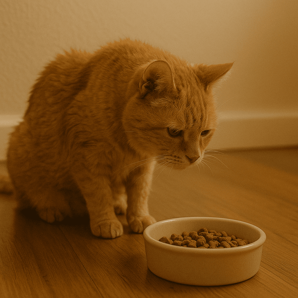 Senior cat sitting near a food bowl, sniffing but not eating.