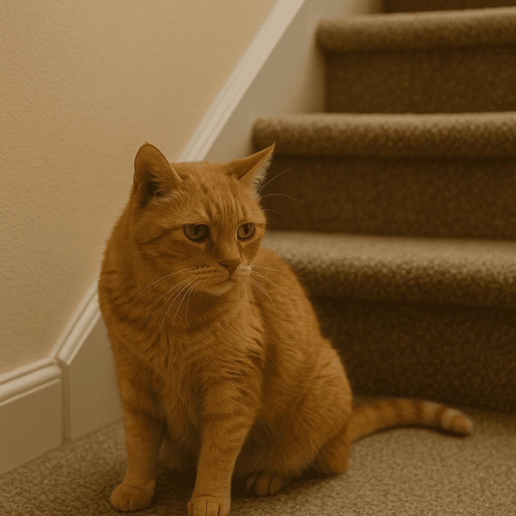 Senior cat sitting at the bottom of stairs, hesitant to climb due to mobility pain.