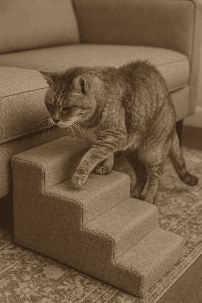 Senior cat carefully stepping onto a couch with pet stairs.