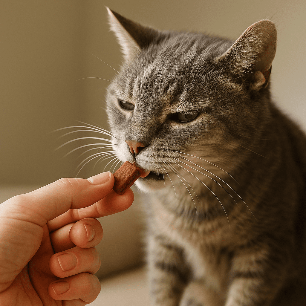 Owner giving a chewable multivitamin treat to a senior black-and-white cat.
