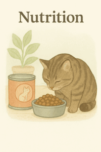 Senior cat eating from a food bowl with balanced nutrition.