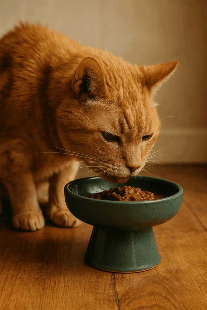Senior cat eating wet food from a raised bowl, showing senior cat nutrition.