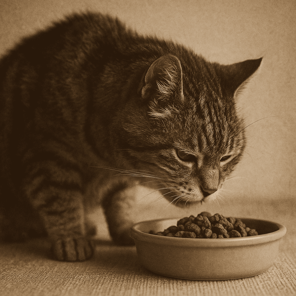 Senior cat eating from a food bowl, highlighting proper nutrition for aging cats.