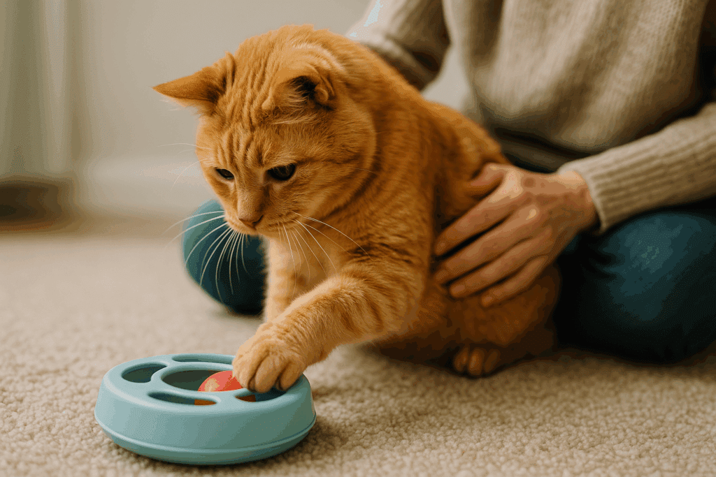 Senior cat enjoying gentle play with enrichment toy to support emotional well-being.