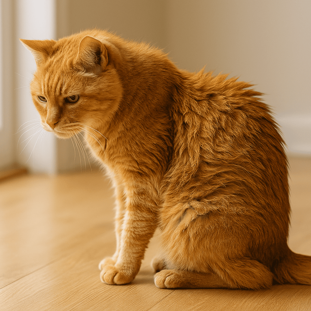 Senior cat with unkempt fur on its back due to difficulty grooming from arthritis.