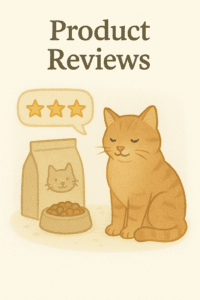 Senior cat beside essential care products and review stars.