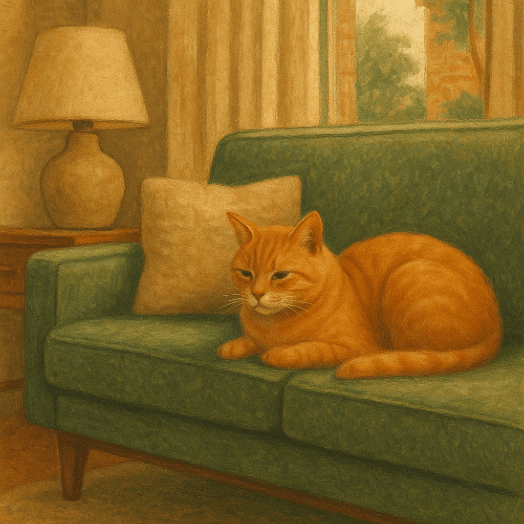 Senior cat resting comfortably on a retro-style sofa in a cozy living room.