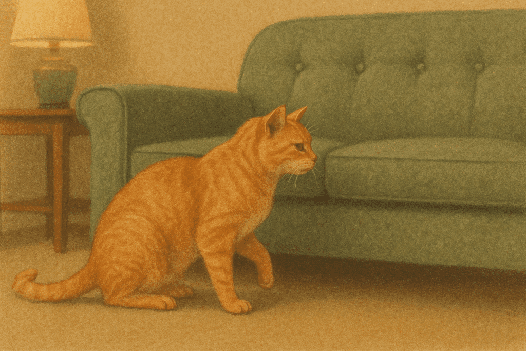 Senior cat hesitating to jump onto a retro-style sofa, showing mild stiffness and aging.