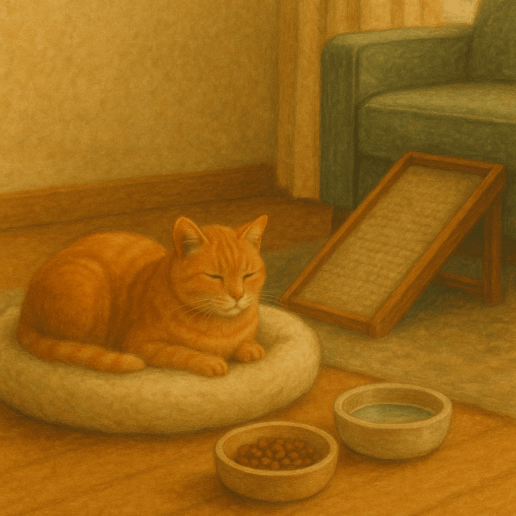 Senior cat resting on a plush bed with food and water bowls nearby and a ramp for easy access.