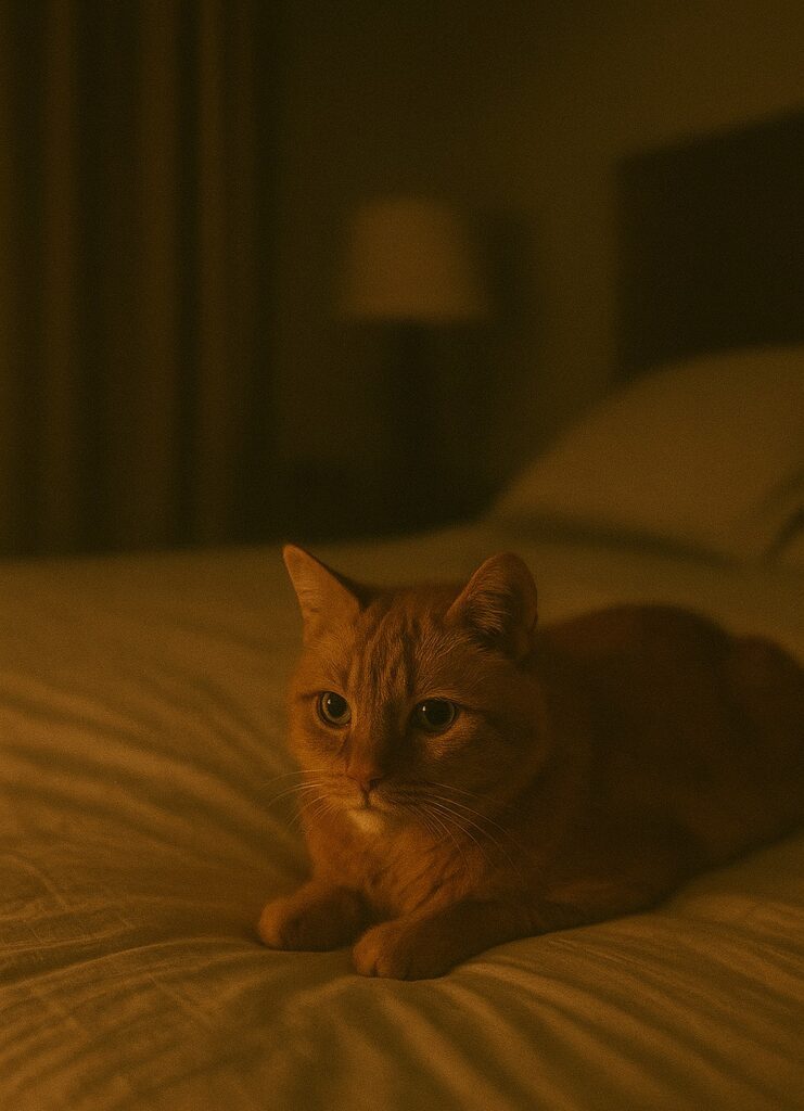 Senior cat lying awake on a bed at night with eyes open.