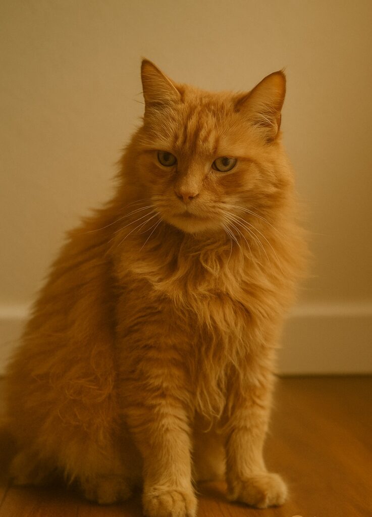 Long-haired senior cat with an unkempt, slightly tangled coat.