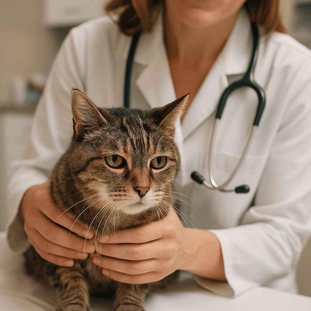 Senior cat being examined by a veterinarian in a calm clinic setting.