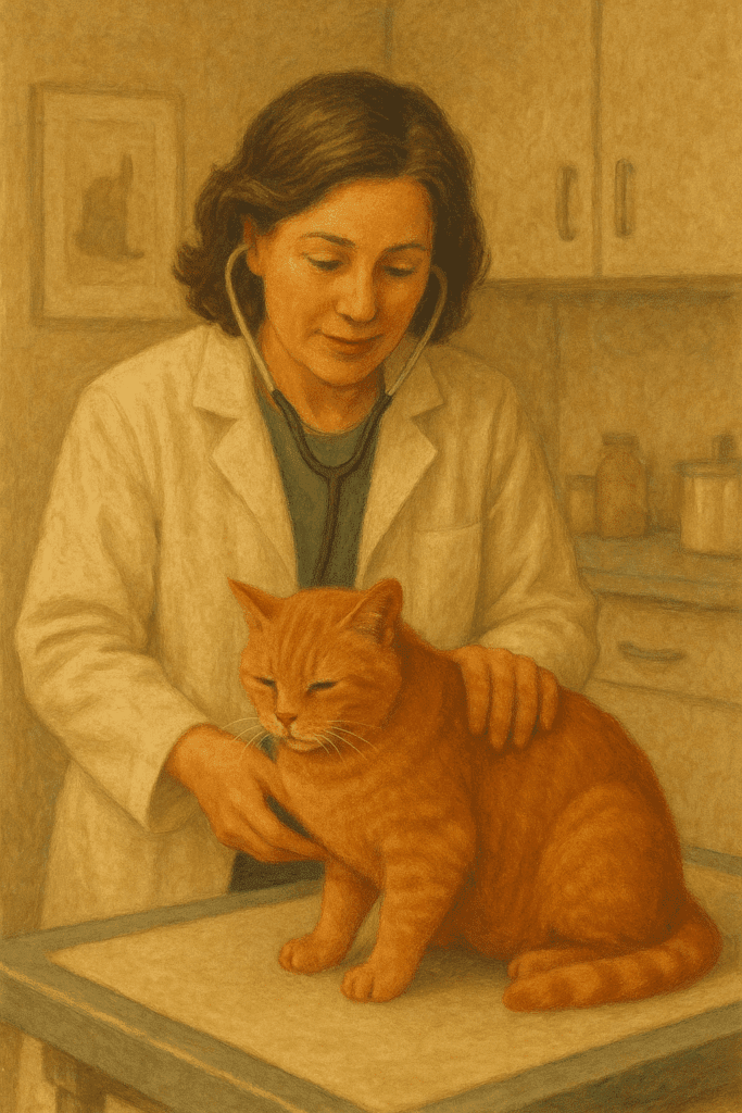 Veterinarian gently examining a calm senior cat during a routine health checkup.